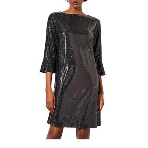Ming Wang Novelty Sequin Boat Neck Ruffled Bell Cuff Shift Black Dress Size S